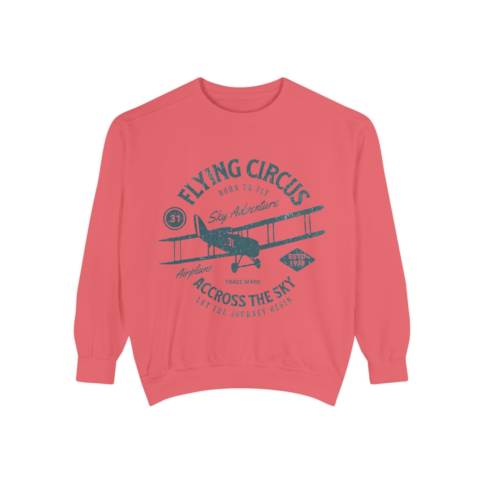 Flying Circus Adventure Sweatshirt, Unisex Garment-Dyed Pullover, Vintage Airplane Gift, Cozy Fall Apparel, Aviation Enthusiast Top