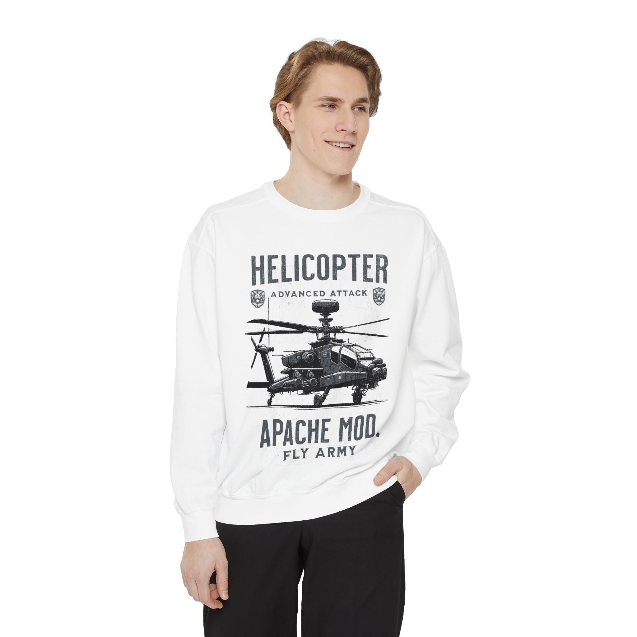 Helicopter Graphic Sweatshirt, Unisex Lightweight Pullover, Military Style Apparel, Perfect Gift for Aviation Enthusiasts, Casual Wear