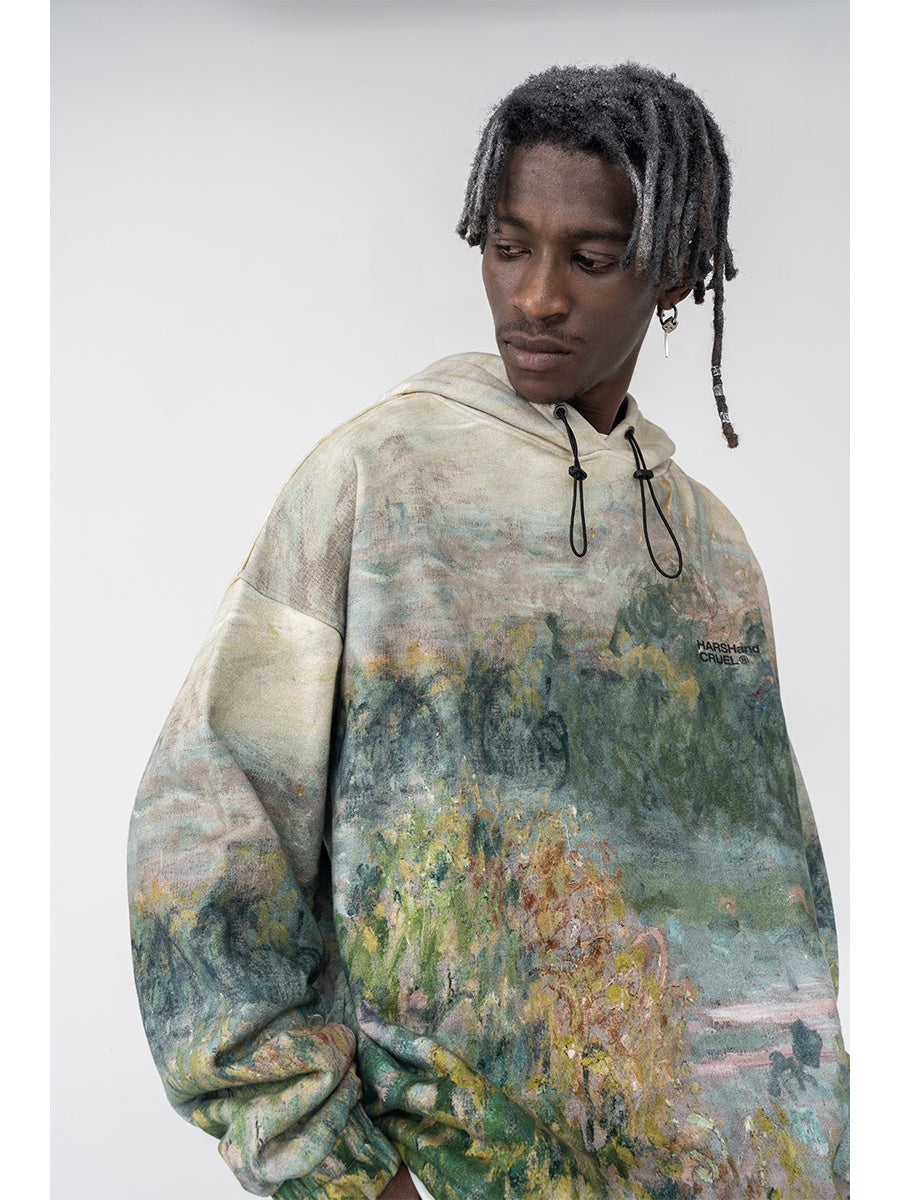 Impressionist Landscape Oil Painting Retro Printed Drawstring Hoodie