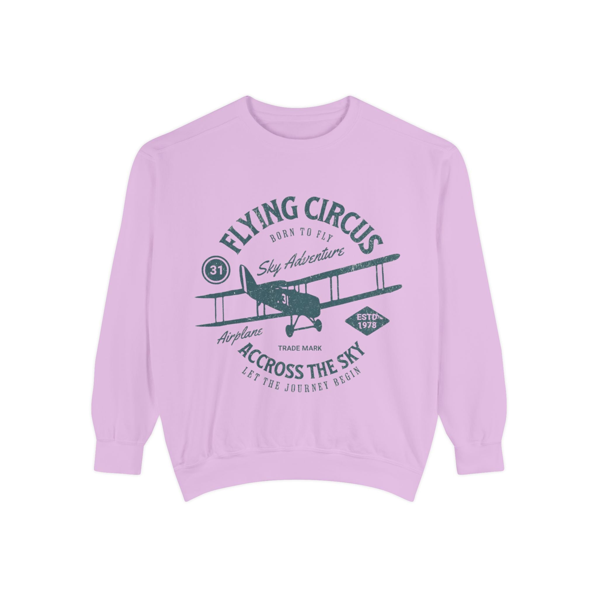 Flying Circus Adventure Sweatshirt, Unisex Garment-Dyed Pullover, Vintage Airplane Gift, Cozy Fall Apparel, Aviation Enthusiast Top