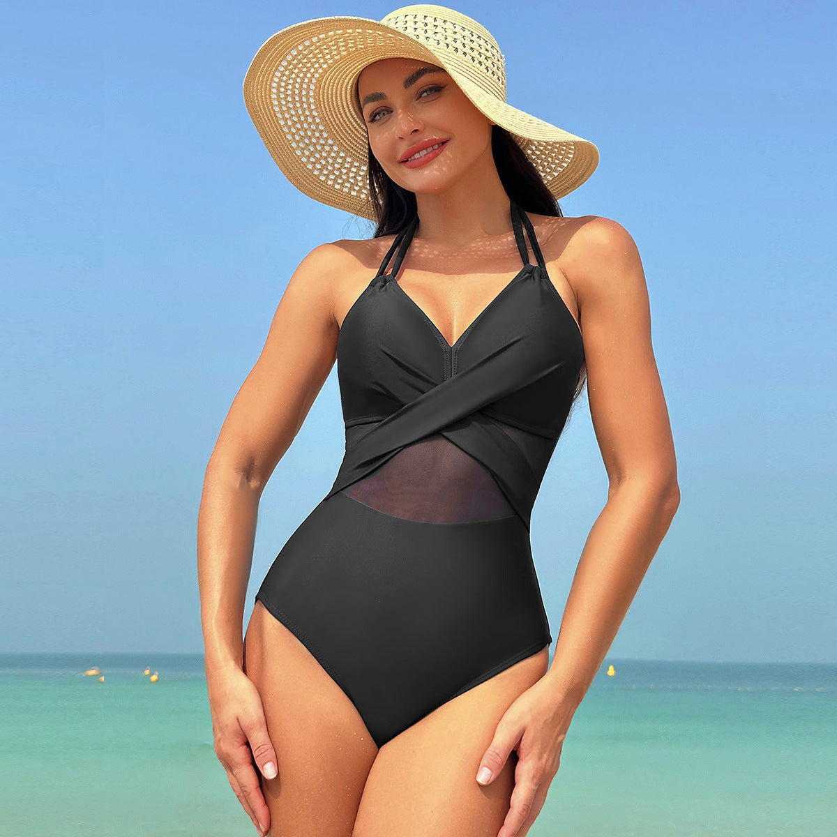 Halter-neck One-piece Swimsuit Summer Solid Color Cross-strap
