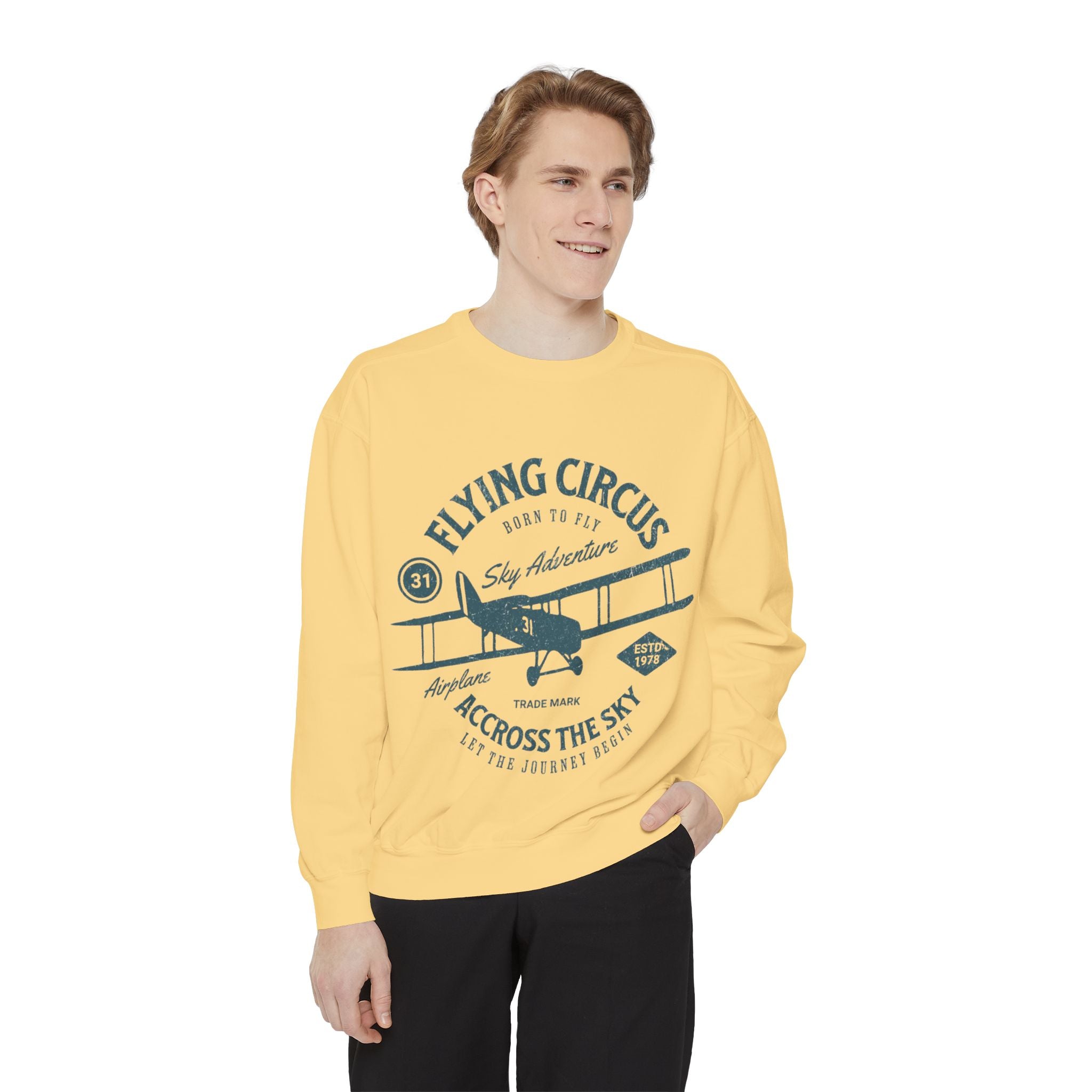 Flying Circus Adventure Sweatshirt, Unisex Garment-Dyed Pullover, Vintage Airplane Gift, Cozy Fall Apparel, Aviation Enthusiast Top