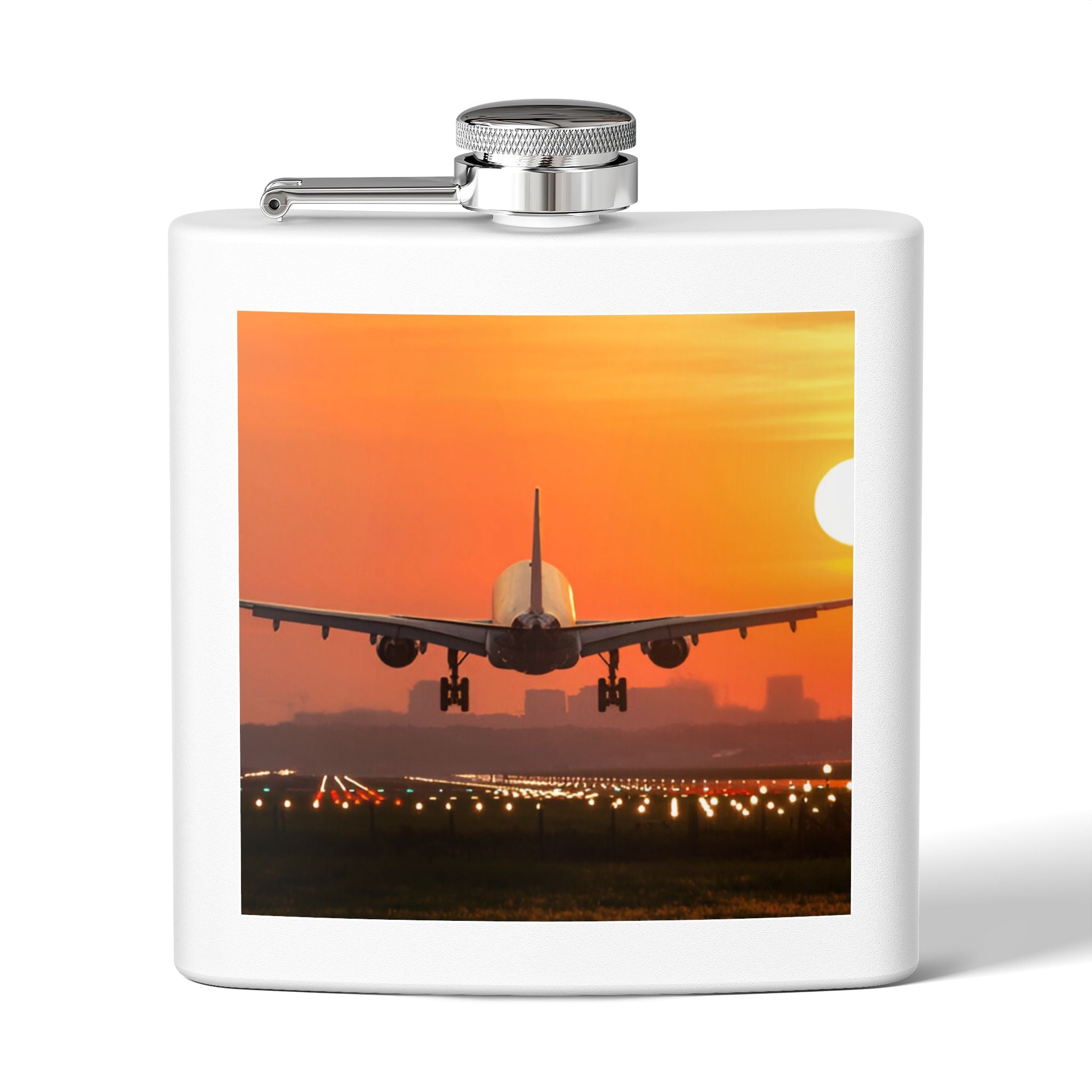 Travel Flask with Airplane Sunset Design - 6oz Stainless Steel