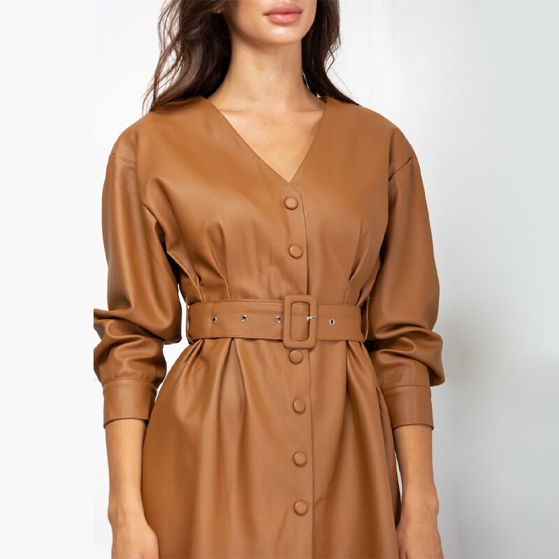 Pu Leather A Line Party Dress Women Batwing Sleeve Fashion Belt High Waist Mini Dress Night Club Elegant Female Slim 2020