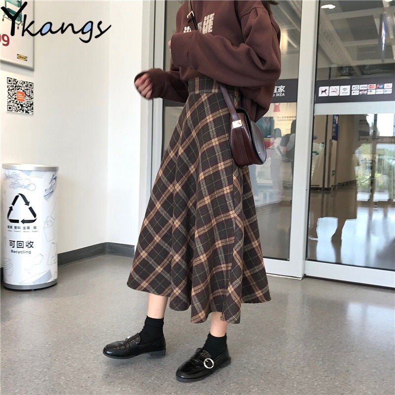Vintage Plaid Women Pleated Skirts 2020 Japanese Style Autumn Long