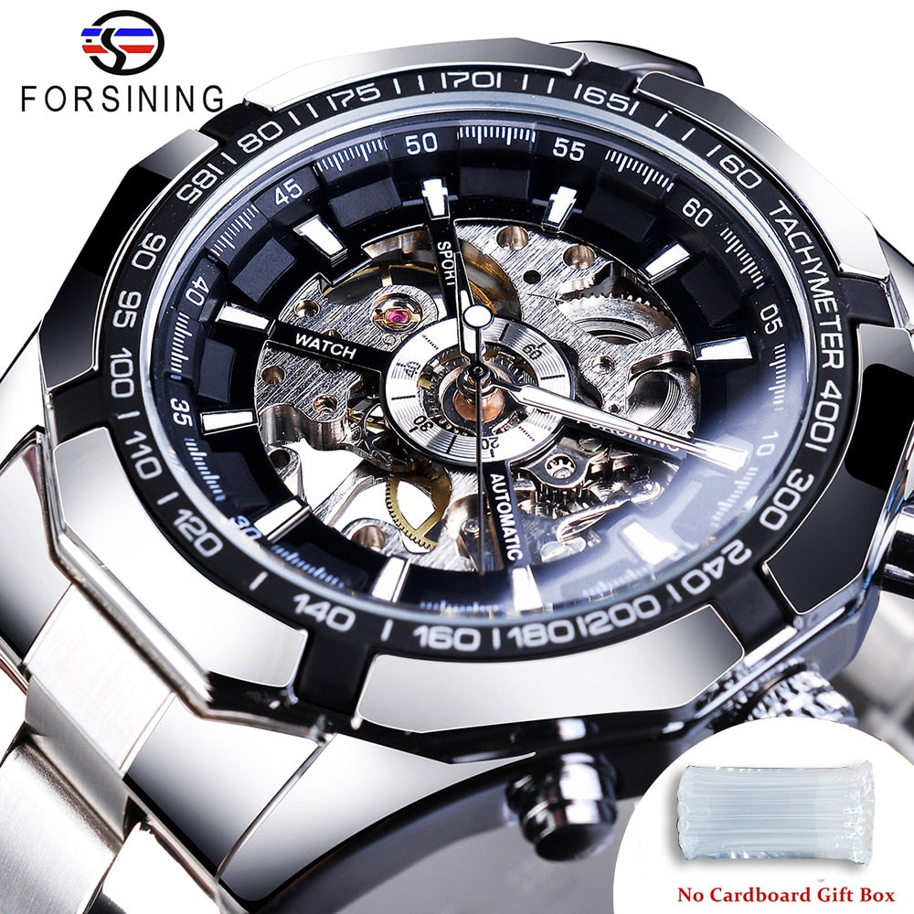 Forsining 2021 Stainless Steel Waterproof Mens Skeleton Watches Top Brand Luxury Transparent Mechanical Sport Male Wrist Watches
