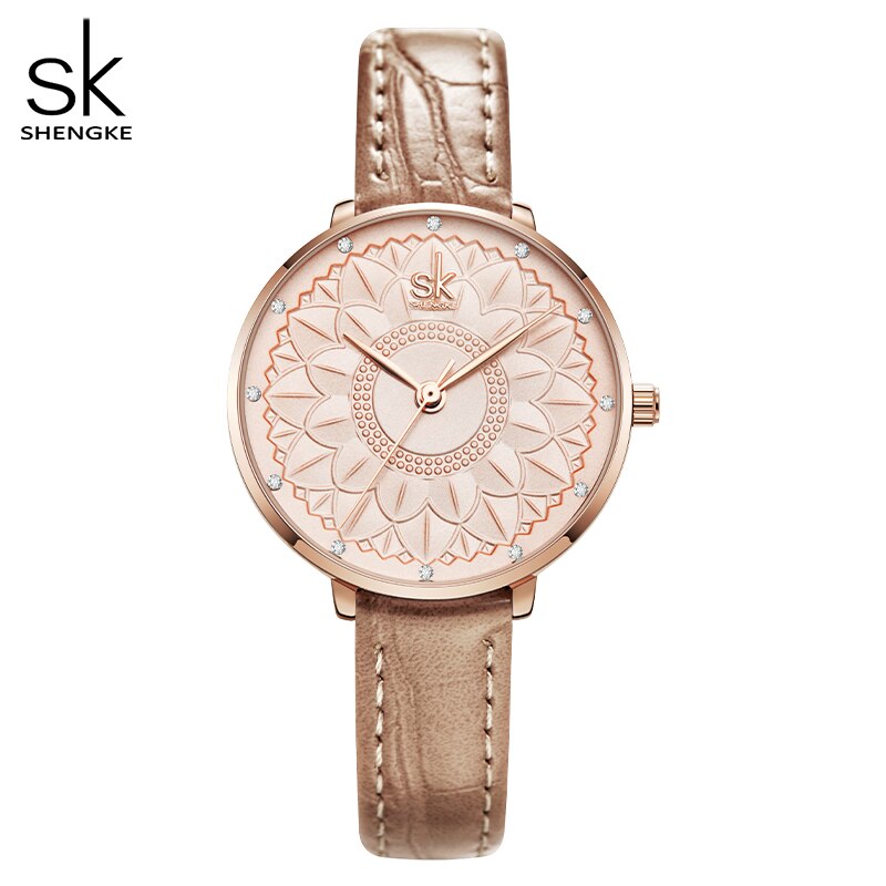 Shengke Women Watches Casual Flower Dial Japanese Quartz Movement Elegant Light Leather Watches for Women Leather Reloj Mujer