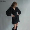 KLALIEN Fashion Black Chiffon Printing Elegant Loose Mini Dress New Women Lantern Full Sleeve Pleated Slim Party Night Dresses