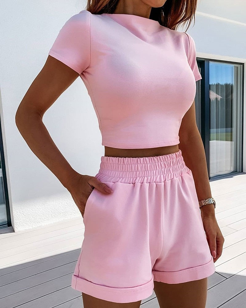 Piece Set Women Summer O-Neck Casual Crop Top 2020 Female