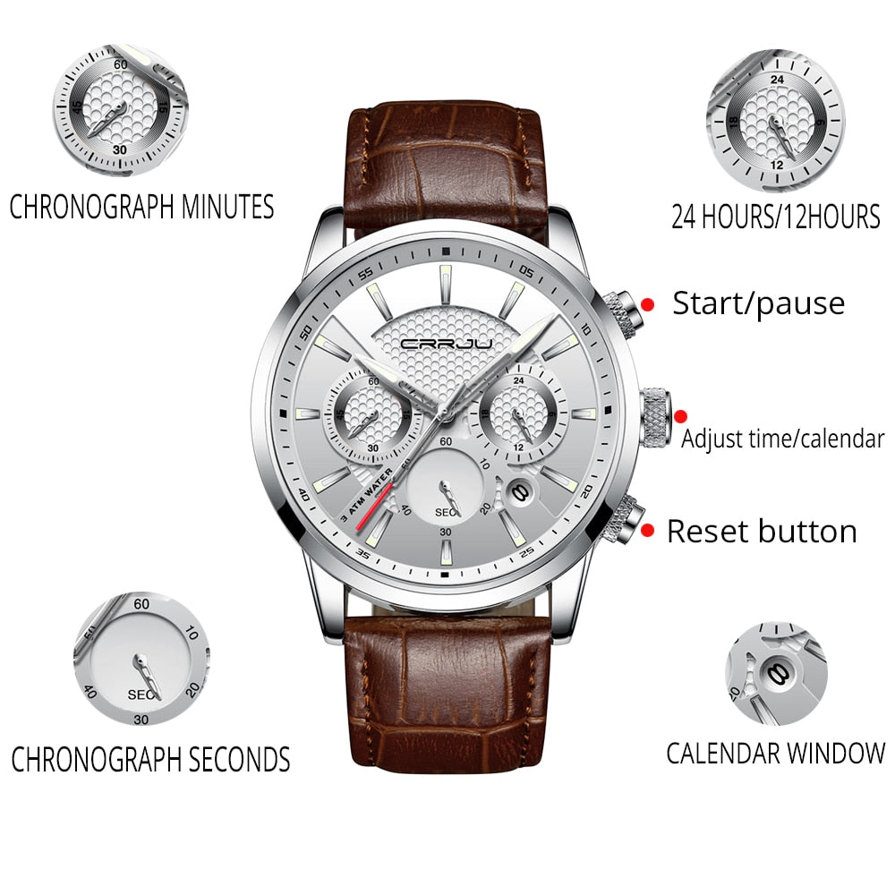 Quartz Watch CRRJU New Luxury Men Outdoor Mens Watches Sport Watches Chronograph Wristwatch Clock Leather Wrist Watch