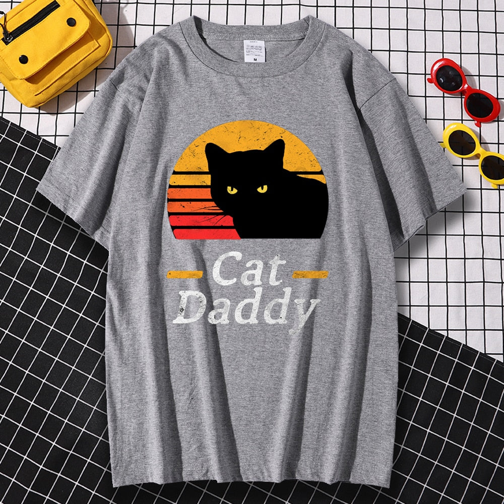 Black Cat Daddy Print Menswear Cartoon S-XXXL Tshirts Comfortable Summer Loose T Shirt Hip Hop Tee Clothes Crewneck T Shirts Men