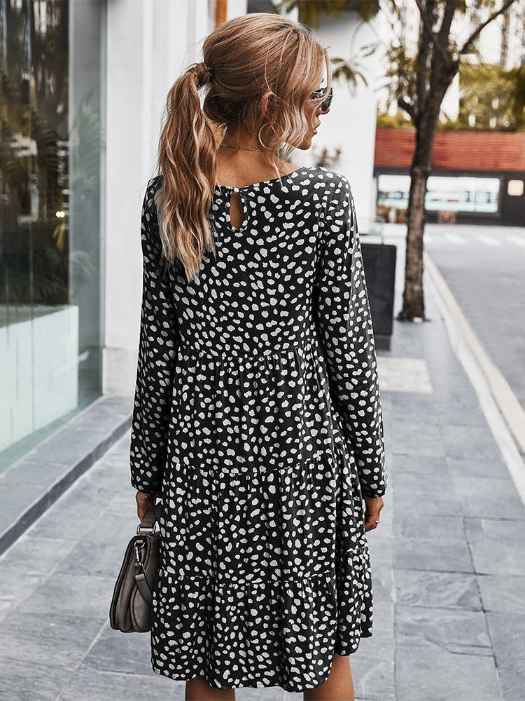 Msfilia Autumn Winter Print Dress Women Casual Button A Line Loose Knee Length Dress