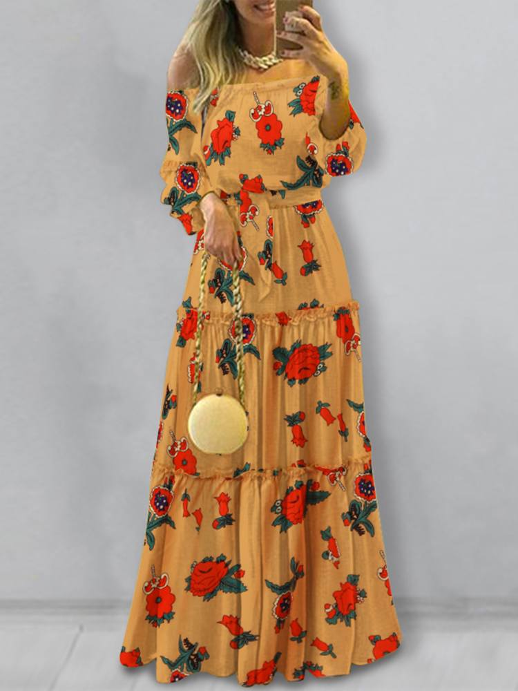 ZANZEA Fashion Off Shoulder Vestidos Female Lace Up Belted Dresses Beach Holiday Ruffle Robe Womens Bohemian Long Maxi Dress