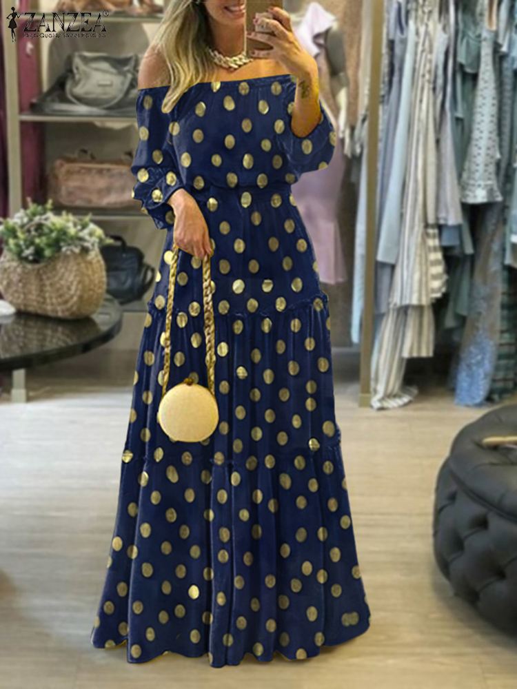 ZANZEA Fashion Off Shoulder Vestidos Female Lace Up Belted Dresses Beach Holiday Ruffle Robe Womens Bohemian Long Maxi Dress