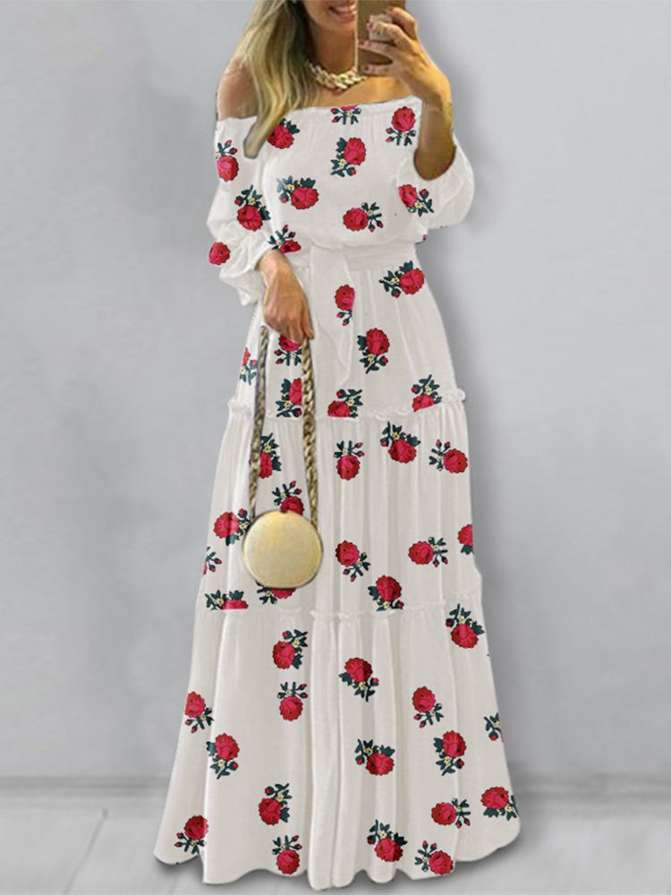 ZANZEA Fashion Off Shoulder Vestidos Female Lace Up Belted Dresses Beach Holiday Ruffle Robe Womens Bohemian Long Maxi Dress