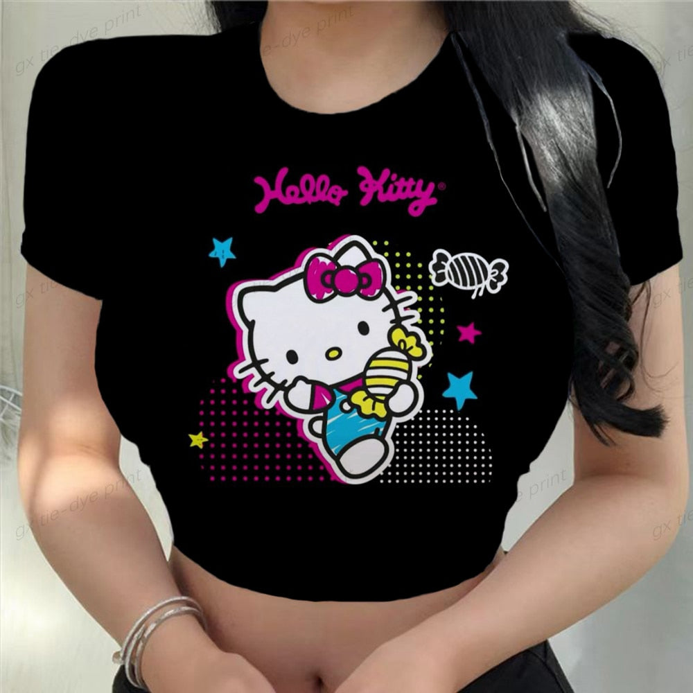 Hello Kitty Printed Women T-shirts Harajuku 2023 New Tops Casual Tee Summer Short Sleeve Graphic Female  Slim Tshirt for Women