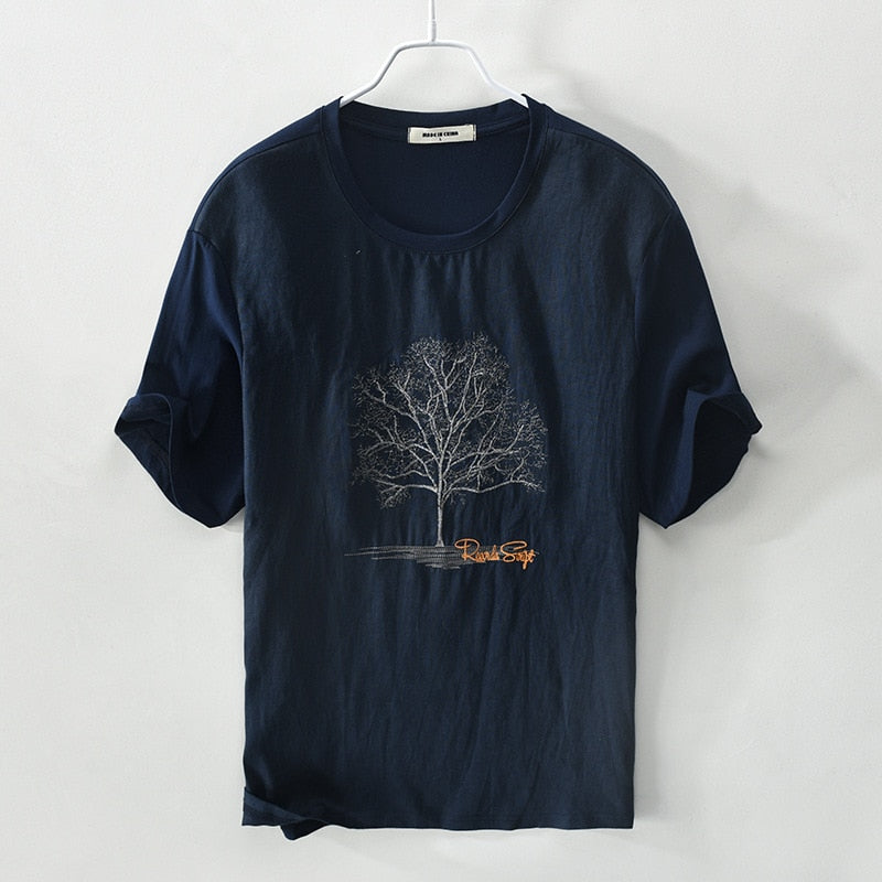 Designer Embroidery Black T Shirts Men Linen Round Neck Embroidered Flax Short Sleeve Casual T-Shirt For Men Tops Camiseta
