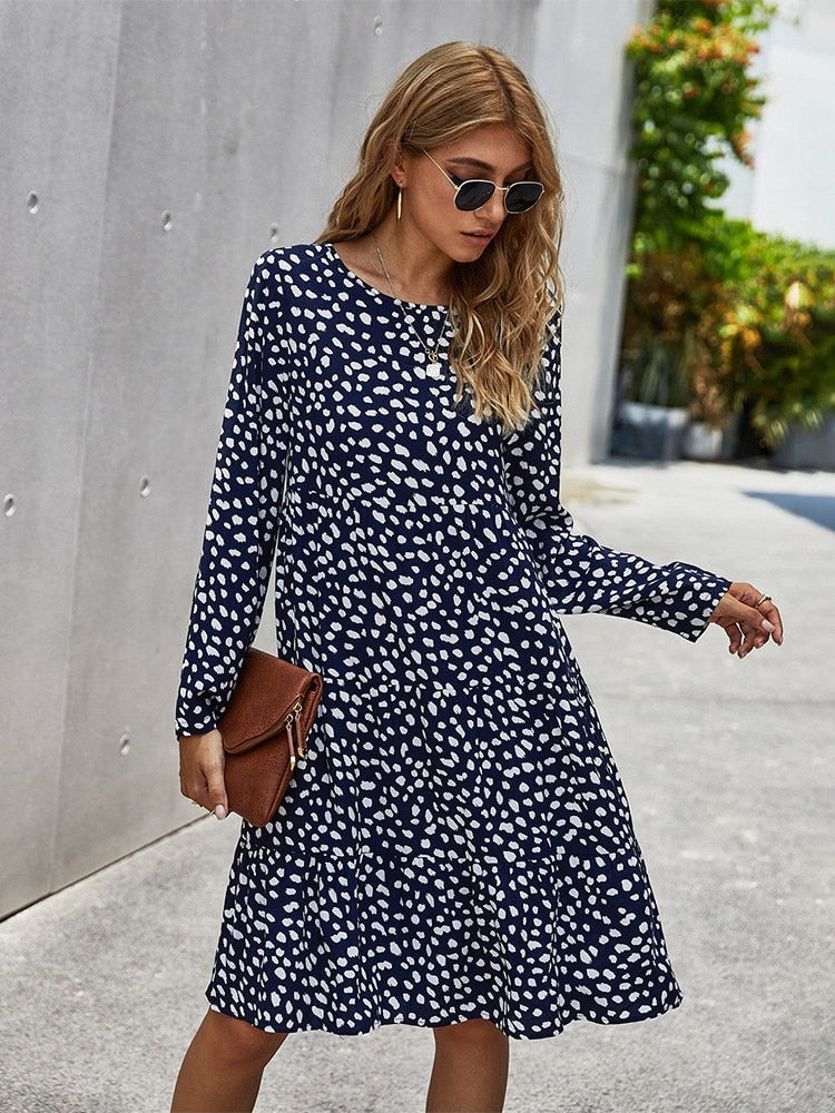 Msfilia Autumn Winter Print Dress Women Casual Button A Line Loose Knee Length Dress