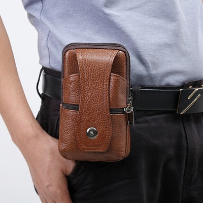 Men Leather Waist Bag Large Capacity Belt Bag Brown Shoulder Bags Crossbody Bags Multi-layer Buckle Mobile Phone Bag Bum Pouch
