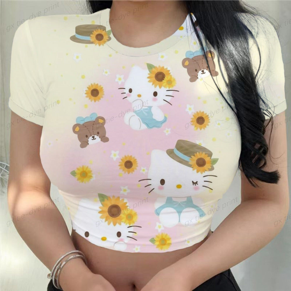 Hello Kitty Printed Women T-shirts Harajuku 2023 New Tops Casual Tee Summer Short Sleeve Graphic Female  Slim Tshirt for Women