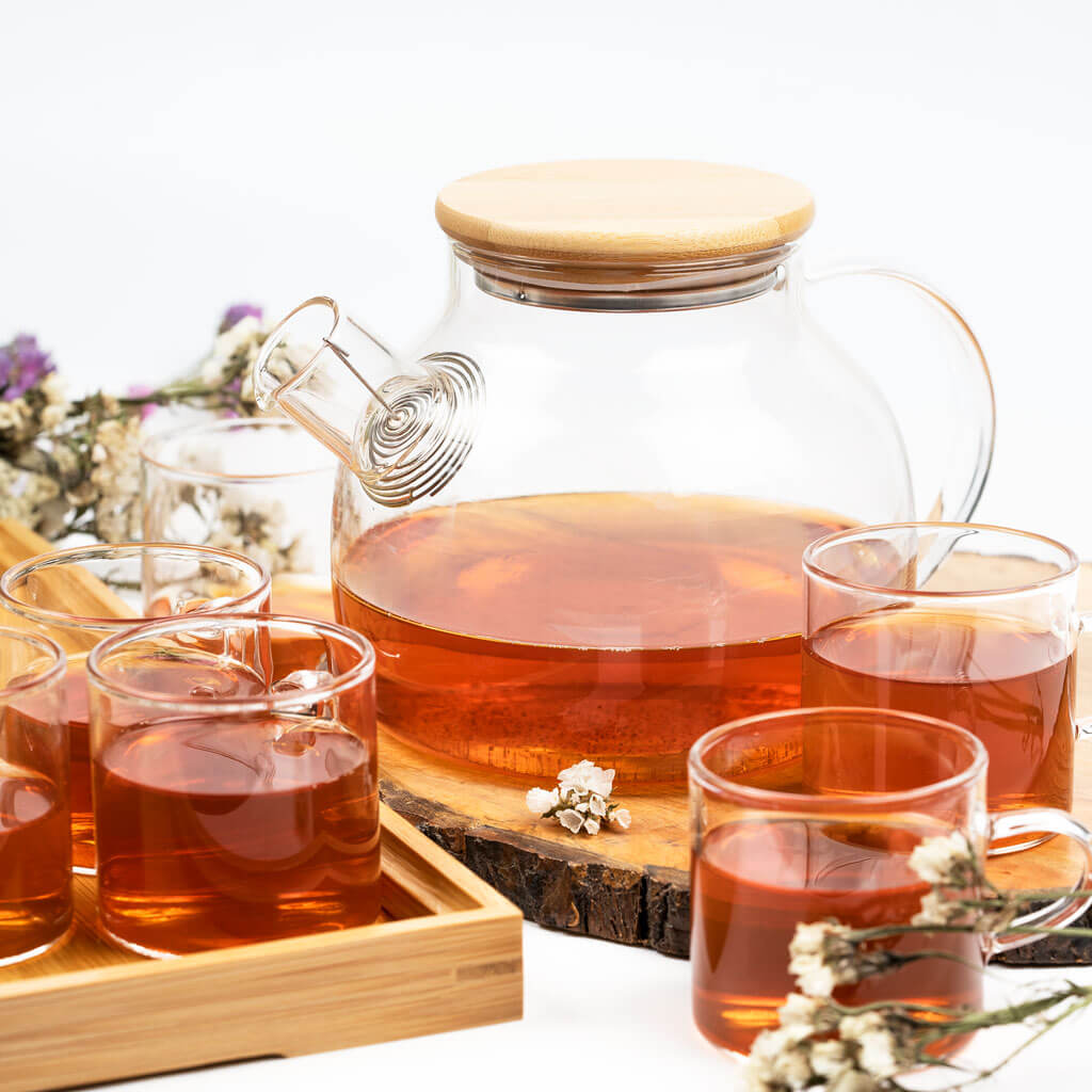Glass Tea Pot With Wooden Lid - Set of 7
