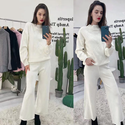 2021 Women Tracksuits Chic 2 Piece Set Knitted Solid Lounge Suit Cashmere Blend Pullover Sweater Wide Leg Pants Two Pieces Sets