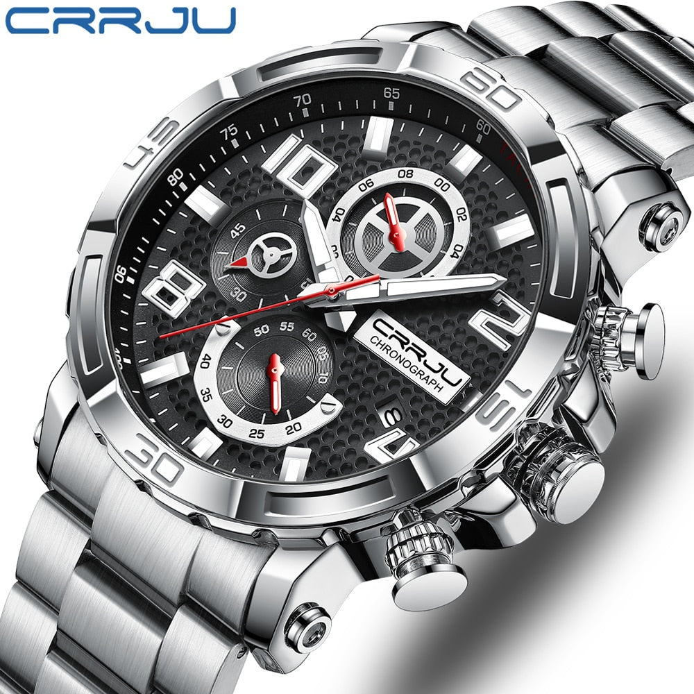 CRRJU Orologio Uomo Cronografo Acciaio Inox – Impermeabile 30m, Calendario, Movimento Giapponese Seiko, Cinturino Nero, Quadrante Rosso/Nero