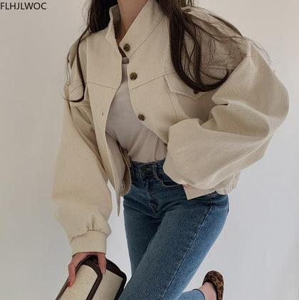 2020 Autumn Winter Short Coats Outerwear Long Sleeve Cute Fashion Solid Single Breasted Button Crop Korean Short Jackets 9020