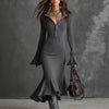 Pleated-collar Flared-sleeve Knitted Mermaid Skirt