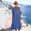 Casual Loose Fitting Long Skirt With Short Sleeves And A V Neck In Solid Color Cotton Linen Fabric