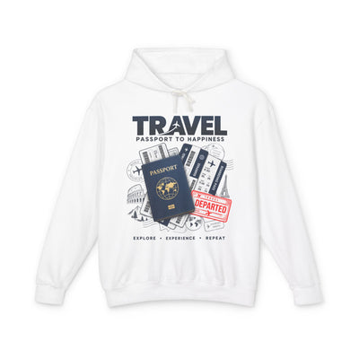 Travel Hoodie - "Passport to Happiness" Graphic Hooded Sweatshirt (Explore • Experience • Repeat)