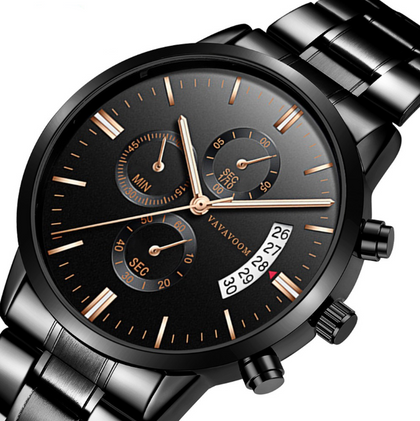 Men\'s Stainless Steel Watches with Business Leisure Calendar Quartz Watches Waterproof Black Refined Steel Watches