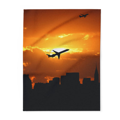 Sunset Skyline Arctic Fleece Blanket, Travel Lovers Gift, Cozy Home Decor, Airplane Art Throw, Winter Warmth, Adventure Inspiring