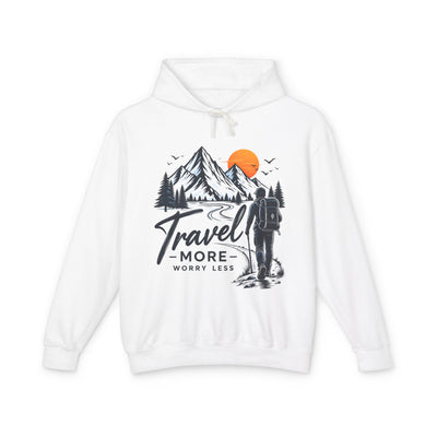 Travel Hoodie — "Travel More, Worry Less" Mountain Adventure Pullover