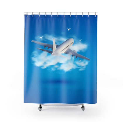 Aviation Themed Shower Curtain - Sky Blue Design with Airplane and Clouds