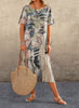 Fashion Casual Printed Dress Summer Short Sleeved Waist Round Neck Loose Beach Long Skirt