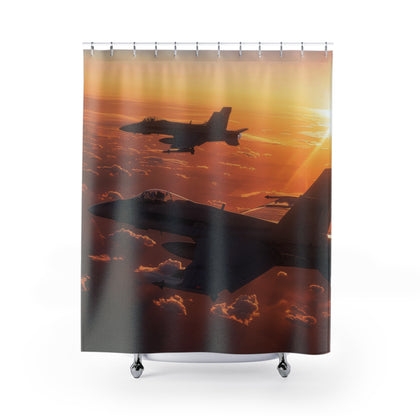 Aerial Sunset Shower Curtain - Dramatic Fighter Jet Design