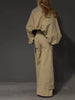 Khaki Stand Collar Puff Sleeve Crop Top & Double Button Wide Leg Cargo Pants Set