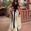 Summer New Fashion Color Contrast Stitching Cinched Waist Slim-fit Sling Dress