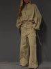Khaki Stand Collar Puff Sleeve Crop Top & Double Button Wide Leg Cargo Pants Set