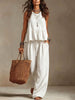 V-Neck Ruffle Hem Sleeveless Crop Top & High Waist Wide Leg Linen Pants Two Piece Outfit Set