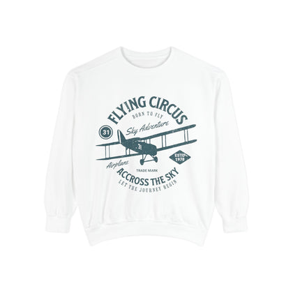 Flying Circus Adventure Sweatshirt, Unisex Garment-Dyed Pullover, Vintage Airplane Gift, Cozy Fall Apparel, Aviation Enthusiast Top