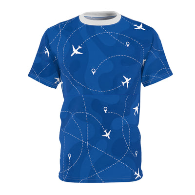 Aviation Pattern Tee — Blue All-Over Plane Trail Graphic Shirt