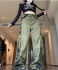 Retro High Waist Tooling Pants Fake Two Stitching Leopard Print Jeans