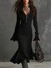Pleated-collar Flared-sleeve Knitted Mermaid Skirt