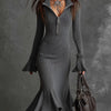 Pleated-collar Flared-sleeve Knitted Mermaid Skirt