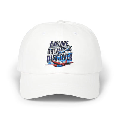 Explore Dream Discover Dad Cap - Adventure Inspired White Baseball Hat