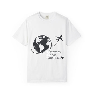 Travel Couple T-Shirt — "Different Places, Same Soul" Globe & Plane Tee