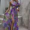 Floral Print Split Maxi Dress Fashion Sexy One-shoulder Long-sleeved Dresses Summer Beach Clothing For Women