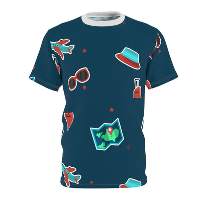 Travel Icons All-Over Print Tee — Map, Plane & Luggage Pattern